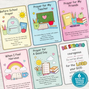 Könnte beinhalten: Sechs rechteckige Gebetskarten für Kinder mit pastellfarbenen Illustrationen von Schulsachen, Regenbögen und Herzen. Jede Karte enthält einen Titel, ein kurzes Gebet und farbenfrohe Grafiken wie einen Rucksack, Bücher und eine Schultafel.