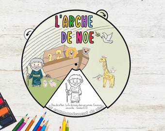 May include: A colorful illustration of Noah's Ark, featuring the text "L'ARCHE DE NOE". The image depicts Noah, animals, and a dove with an olive branch. The artwork is divided into sections with text in French.