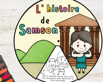 May include: A circular educational toy for children, featuring the text "L'histoire de Samson". The illustration shows Samson, a lion, and a building. The text in the image says "In his youth, Samson defeats a lion with his own hands, demonstrating his supernatural strength."