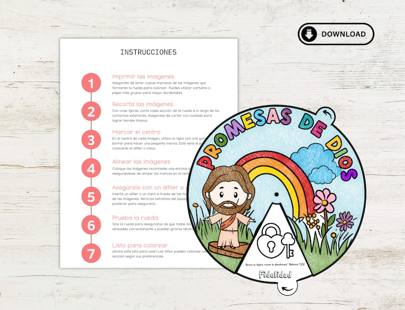 Op de afbeelding: Een kleurrijk, printbaar wiel met een regenboog, wolken, bloemen en een slot met een sleutel. Het wiel is gelabeld "Beloften van God" en heeft het woord "Fidelidad" onderaan. Instructies voor het in elkaar zetten van het wiel zijn inbegrepen.