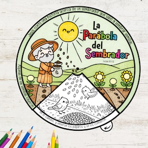 La parábola del sembrador, rueda para colorear, actividad bíblica imprimible, acuarela, lección bíblica para niños, escuela dominical