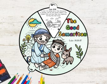 May include: A printable coloring page featuring a cartoon illustration of the parable of the Good Samaritan. The illustration depicts a man in need of help, a priest, a Levite, and a Samaritan. The text "The Good Samaritan" and the Bible verses Luke 10:25-37 and Luke 10:30 are included.