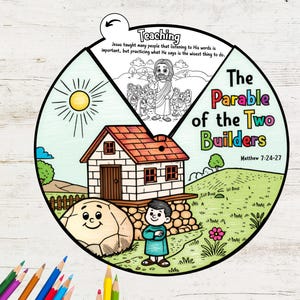The Parable of the Two Builders- Coloring Wheel | Bible Story Activity for Kids | Christian Sunday School Craft | Bible Lesson Printable