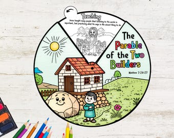 Könnte beinhalten: Eine farbenfrohe Illustration des Gleichnisses von den zwei Baumeistern aus der Bibel. Die Illustration zeigt ein Haus, das auf einem festen Fundament gebaut ist, und ein Haus, das auf Sand gebaut ist. Der Text "Das Gleichnis von den zwei Baumeistern" und "Matthäus 7,24-27" ist in der Illustration enthalten.