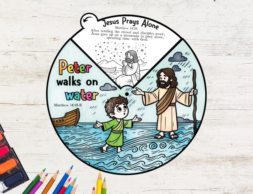 Peter Walks on Water, Coloring Wheel, Bible Story Activity for Kids ...