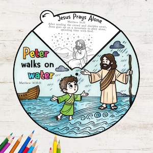 Petrus geht auf Wasser, Malrad, Bibelgeschichtenaktivität für Kinder, Christliches Sonntagsschulhandwerk, Bibelstunde druckbar, Kinderbibel