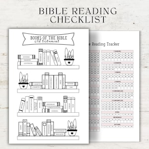 May include: A printable Bible reading checklist with a bookshelf design featuring the books of the Old Testament. The checklist includes a reading tracker with a grid for marking off days and chapters read.