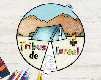 May include: A colorful illustration of a tent, mountains, and a campfire. The text "Tribus de Israel" is written in a circle around the image. The word "Benjamin" is written below the image.