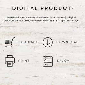 May include: Image with the text "DIGITAL PRODUCT" and instructions for downloading. Icons for purchase, download, print, and enjoy are included. The text advises downloading from a web browser.