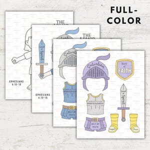 Op de afbeelding: Een set van vier ge&iuml;llustreerde kaarten met elementen van een harnas. De kaarten bevatten een tekening van een persoon, een zwaard, een helm, een schild, een riem en laarzen. De tekst "FULL-COLOR" staat rechtsboven. De tekst "EPHESIANS 6:10-18" staat onderaan.