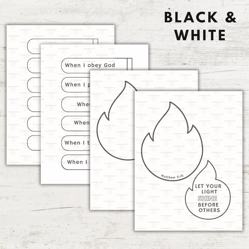 May include: Black and white printable cards with text. One card has the text "When I obey God". Other cards have flame outlines and the text "Let your light shine before others" and "Matthew 5:16". The words "Black & White" are at the top.