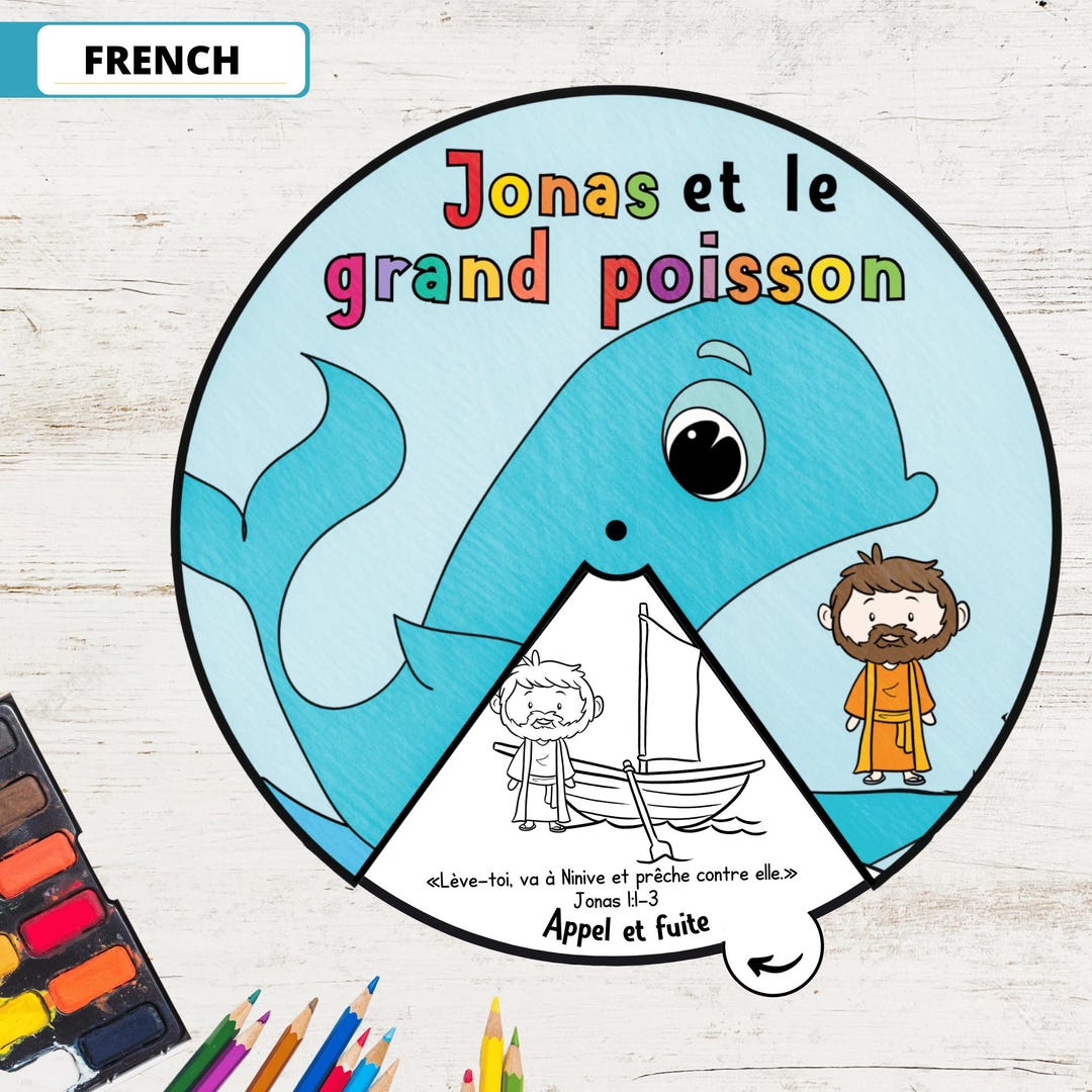 Jonah and the Whale Coloring Wheel IN FRENCH | Bible Story Wheel ...