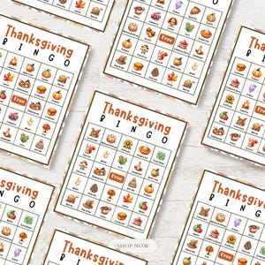 May include: Five printable Thanksgiving Bingo cards with a variety of autumn-themed images, including pumpkins, corn, leaves, and a turkey. Each card has a free space in the center and the words "Thanksgiving Bingo" at the top.
