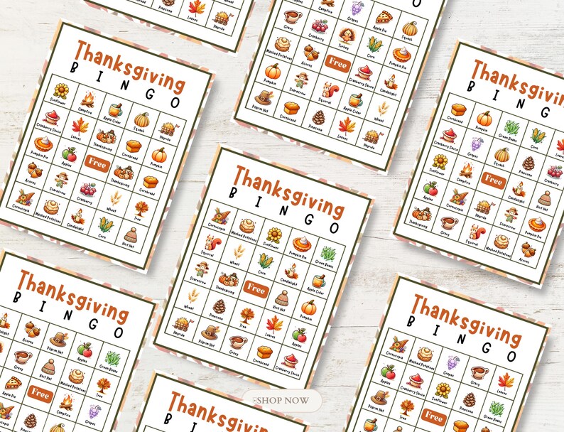 May include: Five printable Thanksgiving Bingo cards with a variety of autumn-themed images, including pumpkins, corn, leaves, and a turkey. Each card has a free space in the center and the words "Thanksgiving Bingo" at the top.