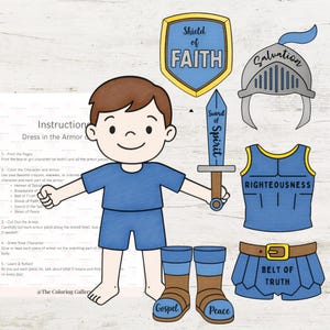 Op de afbeelding: Een cartoon illustratie van een kind in blauwe kleding met pantserstukken. Het pantser omvat een schild met "Shield of Faith", een helm, een zwaard, een borstplaat met "Righteousness", een riem en laarzen met "Gospel" en "Peace".