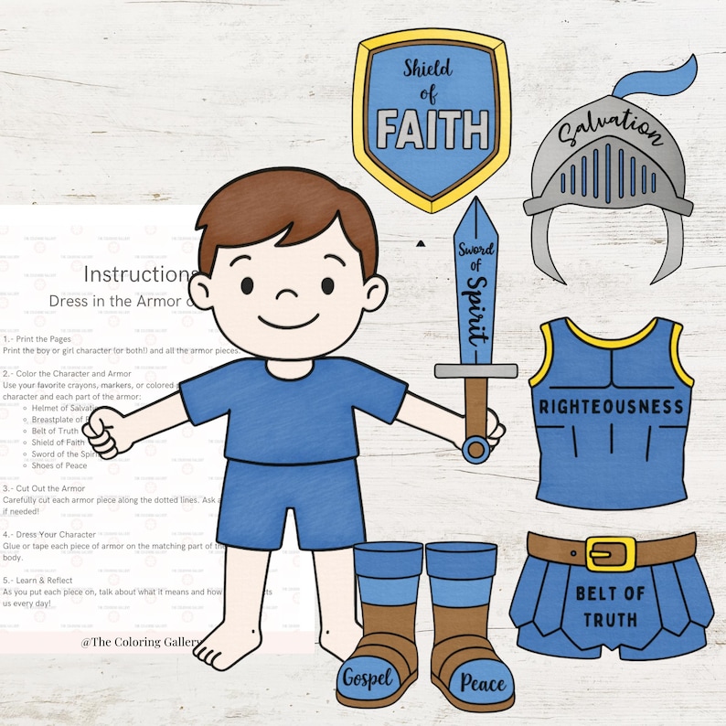 Op de afbeelding: Een cartoon illustratie van een kind in blauwe kleding met pantserstukken. Het pantser omvat een schild met "Shield of Faith", een helm, een zwaard, een borstplaat met "Righteousness", een riem en laarzen met "Gospel" en "Peace".