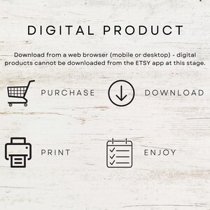 May include: A digital product purchase guide with a shopping cart, download arrow, printer, and checklist icons. The text reads "DIGITAL PRODUCT", "PURCHASE", "DOWNLOAD", "PRINT", and "ENJOY".
