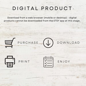 K&ouml;nnte beinhalten: Bild mit dem Text "DIGITAL PRODUCT" und Anweisungen zum Herunterladen. Symbole sind ein Einkaufswagen, ein Pfeil nach unten, ein Drucker und eine Checkliste mit den W&ouml;rtern "PURCHASE", "DOWNLOAD", "PRINT" und "ENJOY".