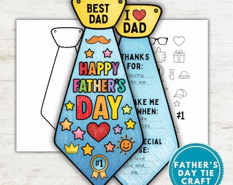May include: A Father's Day tie craft with a blue background and the words "Happy Father's Day" in colourful letters. The tie features a "Best Dad" and "I Love Dad" design, with space for personalisation. A circular label reads "Father's Day Tie Craft."