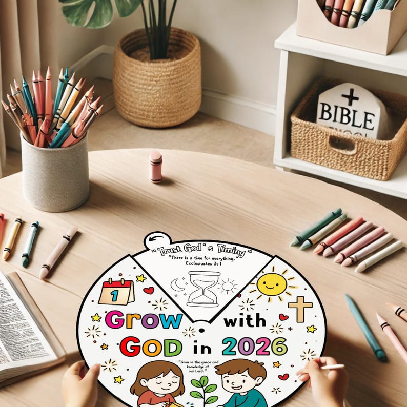 K&ouml;nnte beinhalten: Eine kreisf&ouml;rmige Malvorlage mit dem Text "Grow with GOD in 2026" und Illustrationen eines Kalenders, einer Sanduhr, einer Sonne und eines Kreuzes. Die Seite ist von Buntstiften und Bleistiften umgeben, mit einer Bibel und einer Pflanze im Hintergrund.