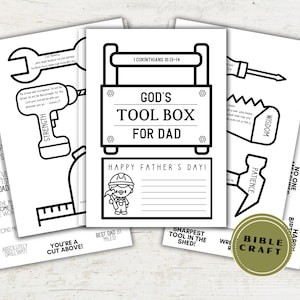 Puede incluir: Una manualidad imprimible en blanco y negro para el Día del Padre con el texto "La caja de herramientas de Dios para papá" y una ilustración de una caja de herramientas. La manualidad incluye varias herramientas con versículos bíblicos, como "Fuerza", "Sabiduría", "Paciencia" y "¡Herramienta-Rific!"