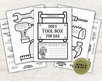 May include: Black and white printable Father's Day craft with the text "God's Tool Box for Dad" and a toolbox illustration. The craft includes a variety of tools with Bible verses, such as "Strength", "Wisdom", "Patience", and "Tool-Rific!"