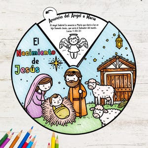 The Birth of Jesus Coloring Wheel IN SPANISH, Nativity Story Coloring Wheel, Printable Bible Activity, Kids Bible Lesson, Christmas Craft