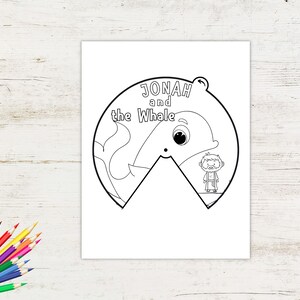 May include: Black and white coloring page featuring Jonah and the whale. The whale is depicted as a large fish with a big eye and Jonah is standing inside the whale's mouth. The text "JONAH and the Whale" is written at the top of the page.