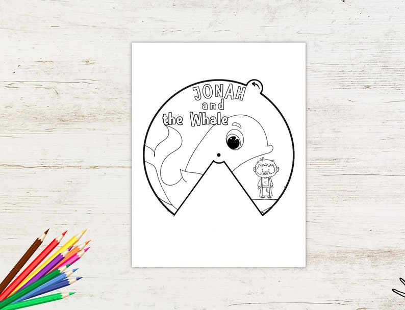 May include: Black and white coloring page featuring Jonah and the whale. The whale is depicted as a large fish with a big eye and Jonah is standing inside the whale's mouth. The text "JONAH and the Whale" is written at the top of the page.