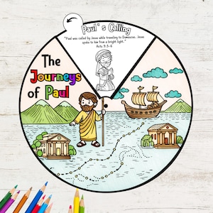 Roda de colorir As jornadas de Paulo | Atividade de história bíblica para crianças | Artesanato da escola dominical cristã | Lição bíblica para impressão, Bíblia para crianças