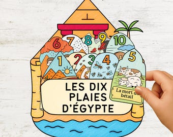 May include: A colorful educational illustration of the Ten Plagues of Egypt. The image features numbered scenes with various plagues, including insects, animals, and natural disasters. The text "LES DIX PLAIES D'ÉGYPTE" is prominently displayed.