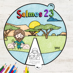 Puede incluir: Una ilustración colorida del Salmo 23 en español. La imagen presenta un pastor con ovejas en un campo verde con árboles y un cielo azul. El texto "El Señor es mi pastor: nada me faltará." está incluido en la imagen.