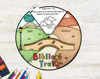 May include: A colorful illustration of a bridge connecting a green landscape with a sun and clouds to a brown desert landscape. The text "Ephesians 5:11" is at the top of the image. The text "Have nothing to do with the fruitless deeds of darkness, but rather expose them" is below the verse. The text "light" is in the green landscape and the text "darkness" is in the brown desert landscape. The text "Biblical Truth" is at the bottom of the image.