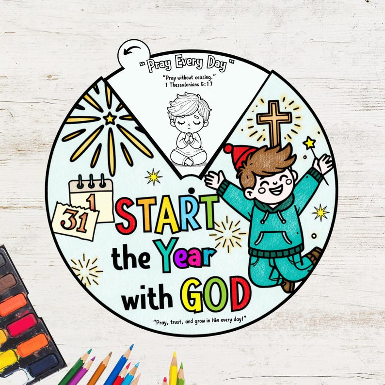 Start the Year with God Coloring Wheel | Christian New Year’s Craft for Kids | Sunday School Bible Activity Printable | New Year Prayer image 1