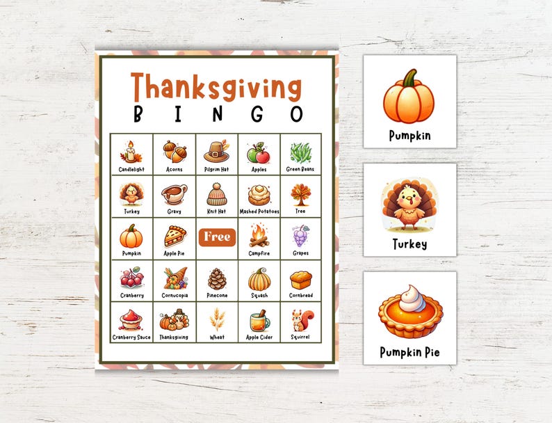 May include: A Thanksgiving Bingo game card with images of traditional Thanksgiving foods and items, such as a turkey, pumpkin pie, and cornbread. The card is divided into a 5x5 grid with a free space in the center. The words "Thanksgiving Bingo" are printed at the top of the card.