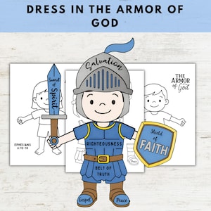 Pode incluir: Ilustração colorida de um cavaleiro de desenho animado em armadura azul, segurando uma espada e um escudo. O escudo diz "Escudo da Fé". A imagem inclui o texto "Vista a armadura de Deus" e versículos bíblicos.