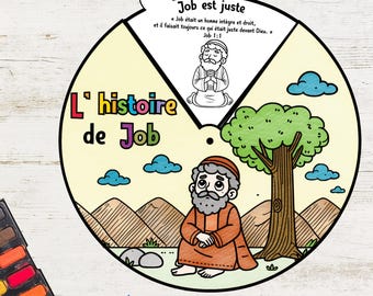 May include: A colorful children's illustration of the story of Job. The image features a circular design with a central figure of Job, a tree, clouds, and text in French. The illustration is designed for educational purposes.