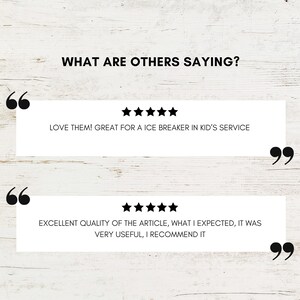 Op de afbeelding: Twee klantbeoordelingen met vijf sterren. De eerste beoordeling luidt "LOVE THEM! GREAT FOR A ICE BREAKER IN KID'S SERVICE". De tweede beoordeling luidt "EXCELLENT QUALITY OF THE ARTICLE, WHAT I EXPECTED, IT WAS VERY USEFUL, I RECOMMEND IT".