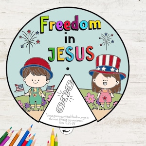 Freedom in Jesus Coloring Wheel, July 4th Coloring Wheel, Printable Bible Activity, Watercolor, Kids Bible Lesson, Sunday School