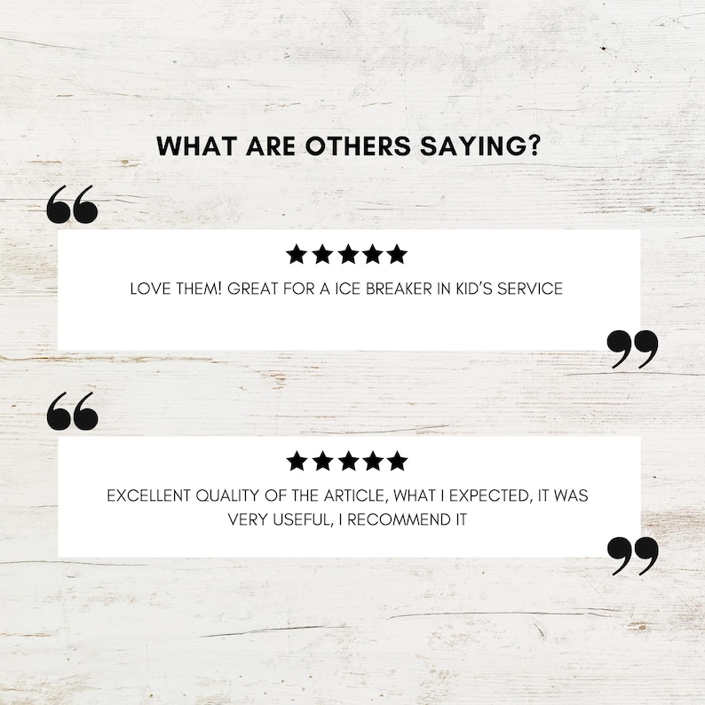 K&ouml;nnte beinhalten: Bild mit dem Text "WHAT ARE OTHERS SAYING?" und zwei Kundenbewertungen. Die Bewertungen stehen in wei&szlig;en K&auml;sten mit schwarzen Anf&uuml;hrungszeichen und Sternebewertungen. Eine Bewertung lautet "LOVE THEM! GREAT FOR A ICE BREAKER IN KID'S SERVICE."