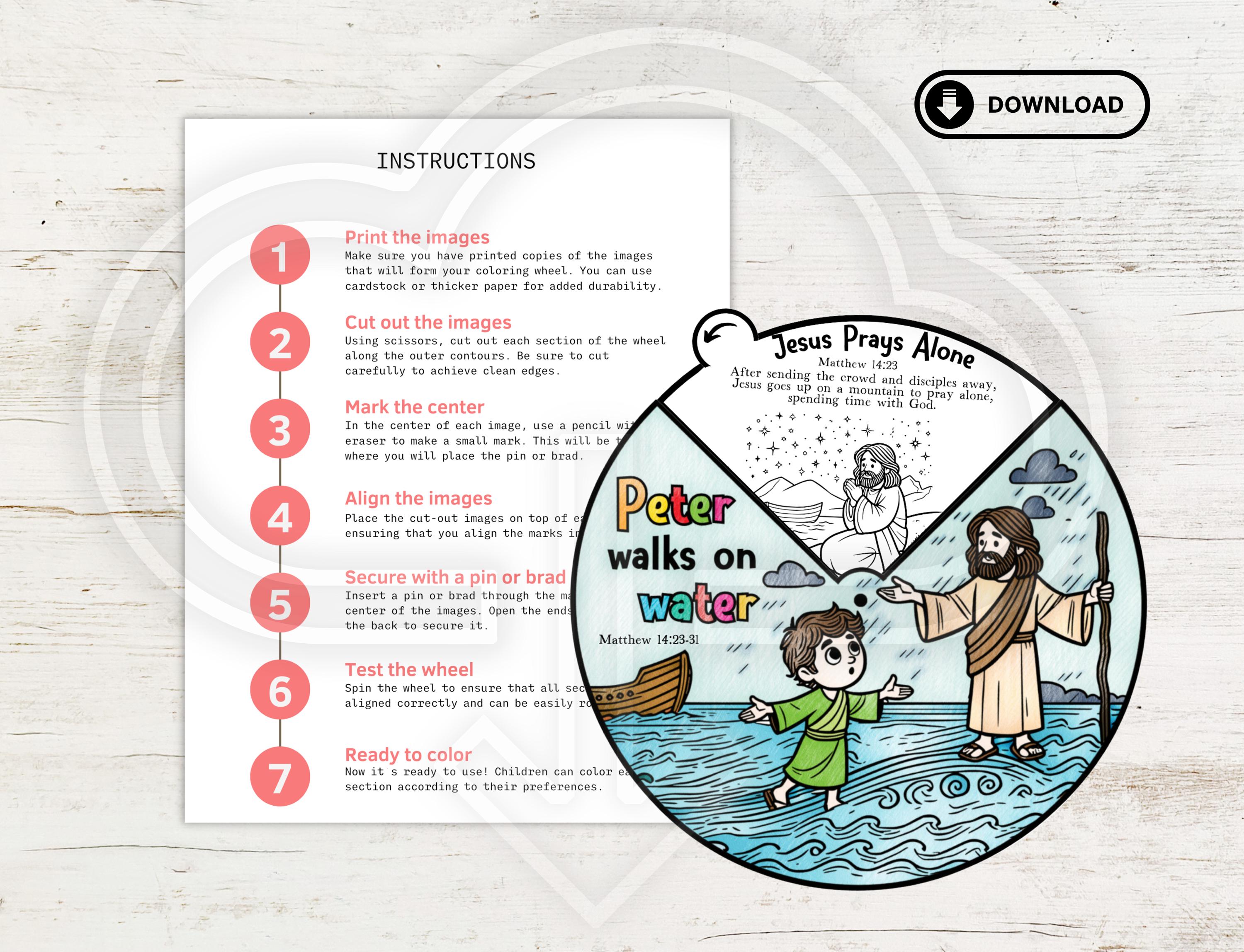 Peter Walks on Water Coloring Wheel, Bible Story Activity for Kids ...