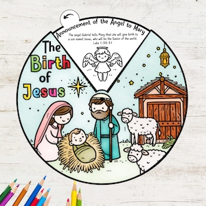 Rueda para colorear del nacimiento de Jesús, Rueda para colorear de la historia de la natividad, Actividad bíblica imprimible, Lección bíblica para niños, Manualidad navideña para la escuela dominical