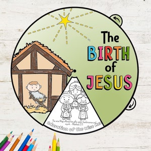 Birth of Jesus Coloring Wheel |  Bible Story Activities | Printable Nativity Christmas Activity | Kids Bible Lesson | Christmas Activity