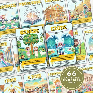 Pode incluir: Uma coleção de 66 cartões da Bíblia, cada um com ilustrações e texto coloridos. Os cartões estão em francês e incluem títulos como "Genèse", "Exode" e "Proverbes". Um emblema circular mostra o número 66.