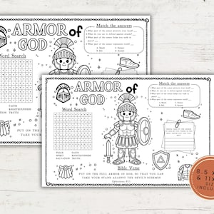 Armor of God Placemat, Fun Bible Crafts and Activities for Kids, Bible activity, Bible Crafts, Church Kids Activity, Sunday School, Placemat