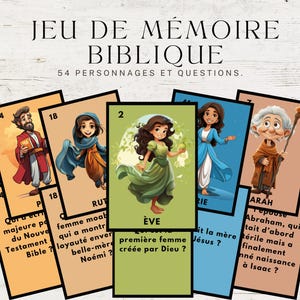 聖書暗記ゲーム、フランス語で 54 の聖書の登場人物をマッチ、印刷可能な聖書のペア、印刷可能な聖書ゲーム、教会の聖書ゲーム、キリスト教のゲーム