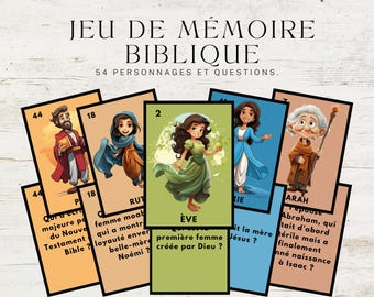 Puede incluir: Un juego de memoria bíblico con 10 cartas ilustradas con personajes bíblicos y preguntas. El juego completo contiene 54 personajes y preguntas.