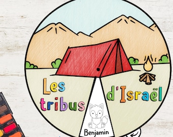 May include: A colorful illustration with the text "Les tribus d'Israël" in French. The image features a red tent, a campfire, and a cartoon fox named Benjamin. Mountains and a blue sky are in the background.