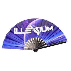 May include: A folding fan with a celestial design in shades of blue and purple. The fan features the word "ILLENIUM" in white block letters with a stylized wing graphic. The fan's ribs are black and silver.