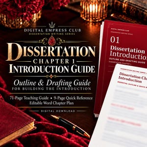 May include: A digital dissertation writing guide titled Dissertation Chapter 1 Introduction Guide, featuring a 71-page teaching guide, a 9-page quick reference, and an editable word chapter plan, displayed with red document covers and a black pen.
